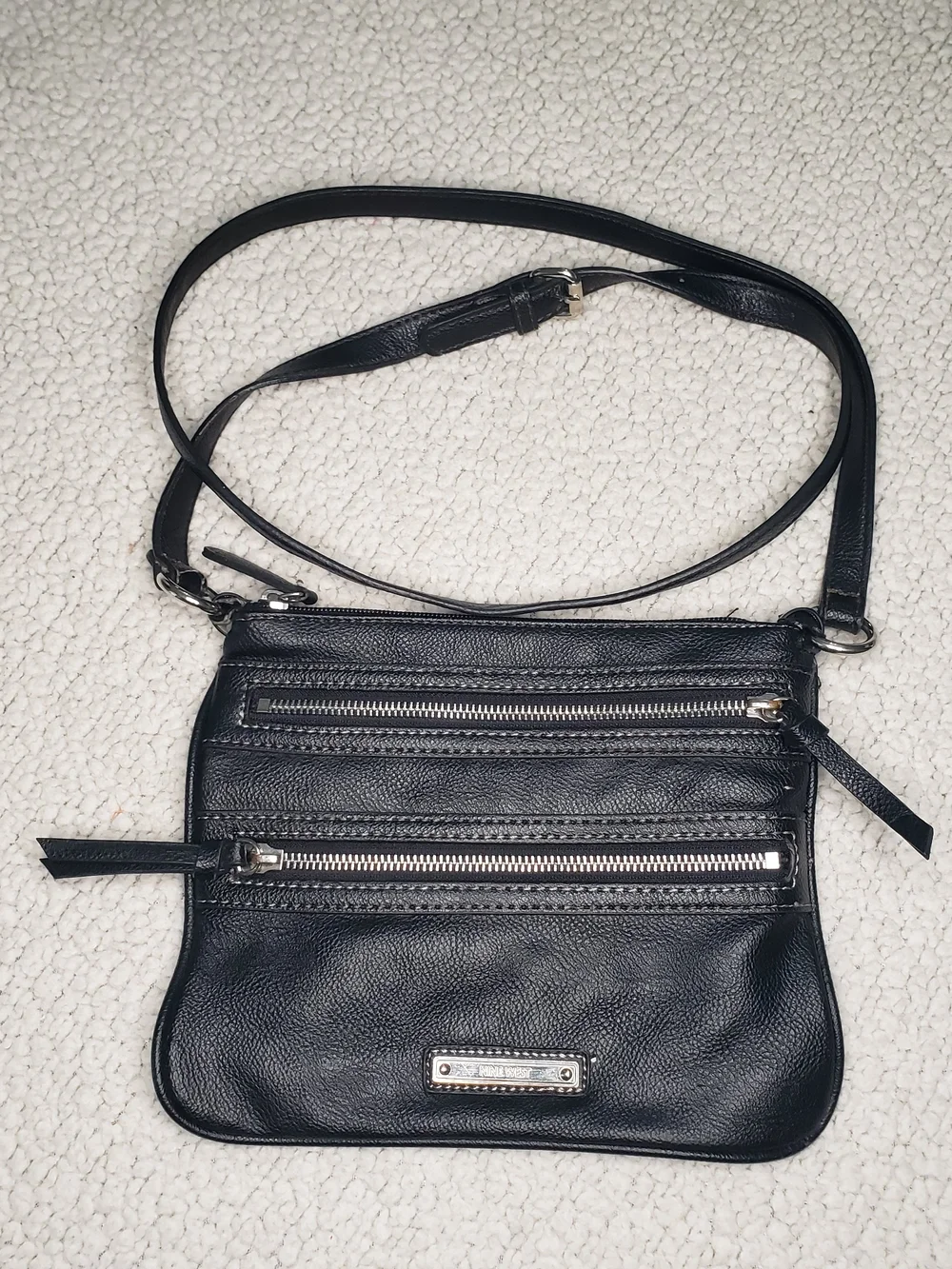 NINE WEST Black Leather Crossbody Bag with Three Front Zippers | Medium